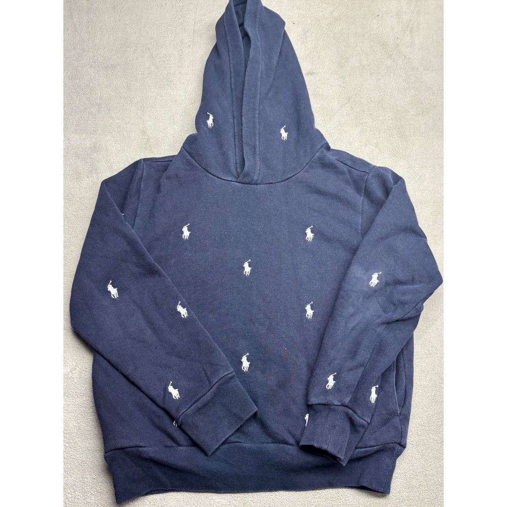 Polo Ralph Lauren Boys Navy Blue All Over Pony Logo Hoodie Size Medium 10-12